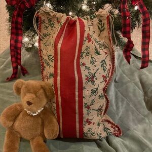 Festive Burlap Gift Bag with Red Stripes